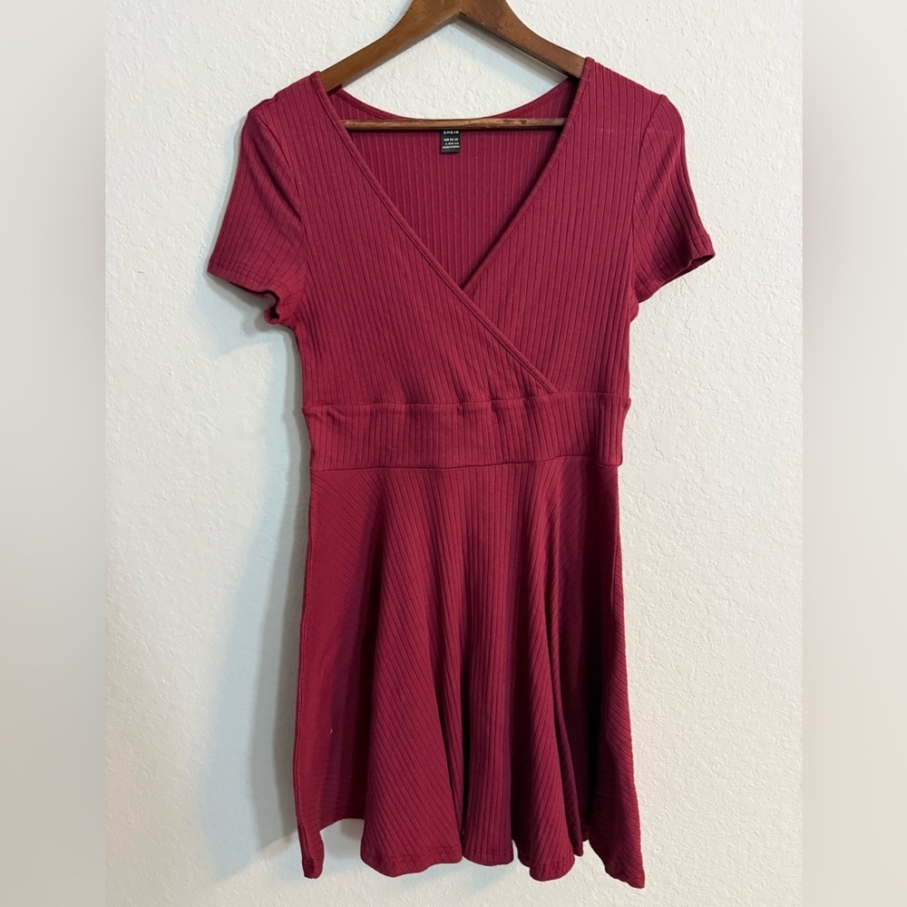 SHEIN Burgundy Ribbed V-Neck Mini Dress